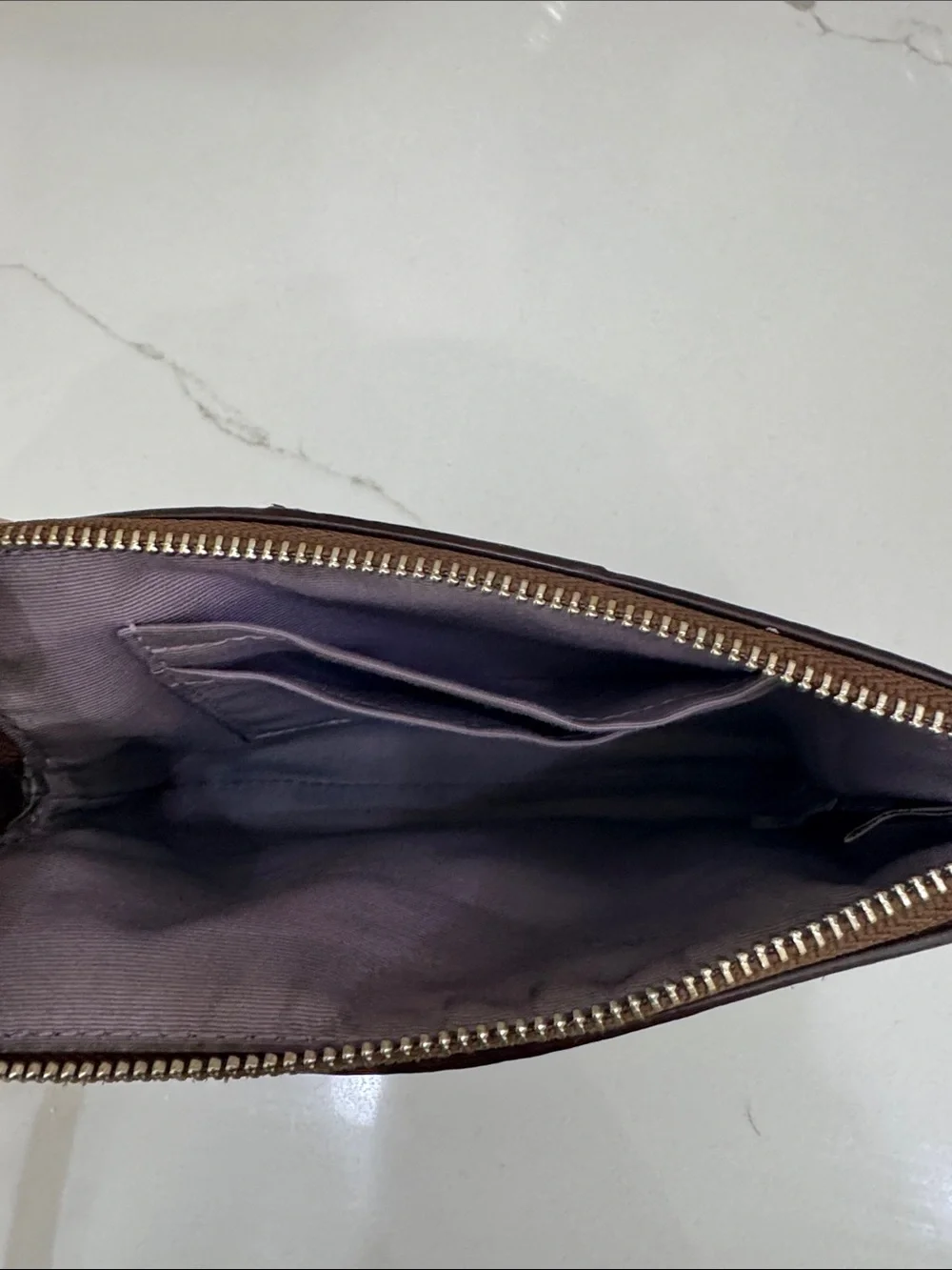 Coach Brown Signature Canvas Wristlet with Lavender Center Stripe